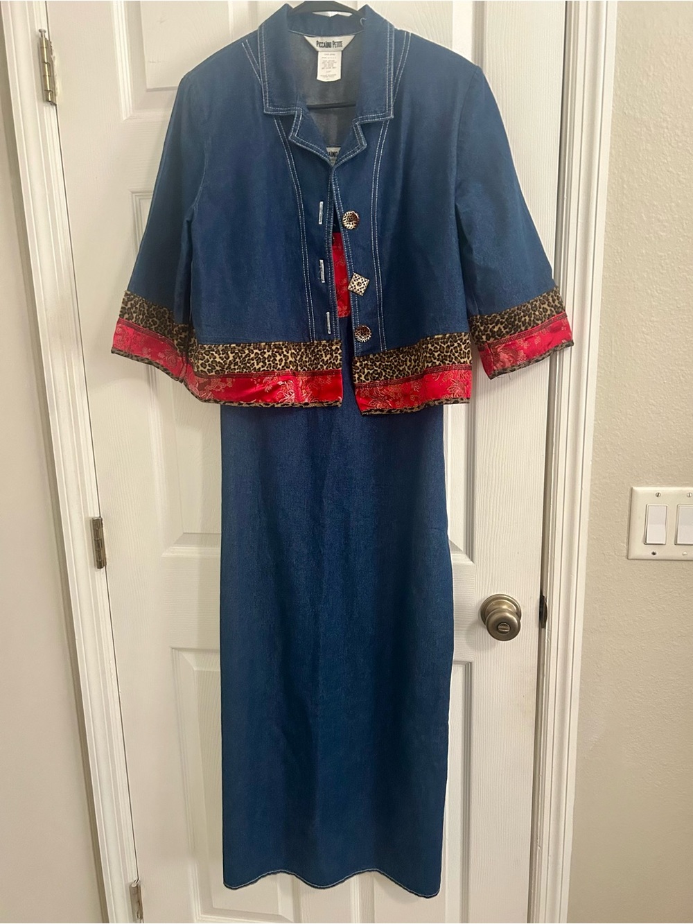 Vintage Y2K SZ 12P Denim Maxi Dress and Cropped Jacket with Red & Leopard Trim